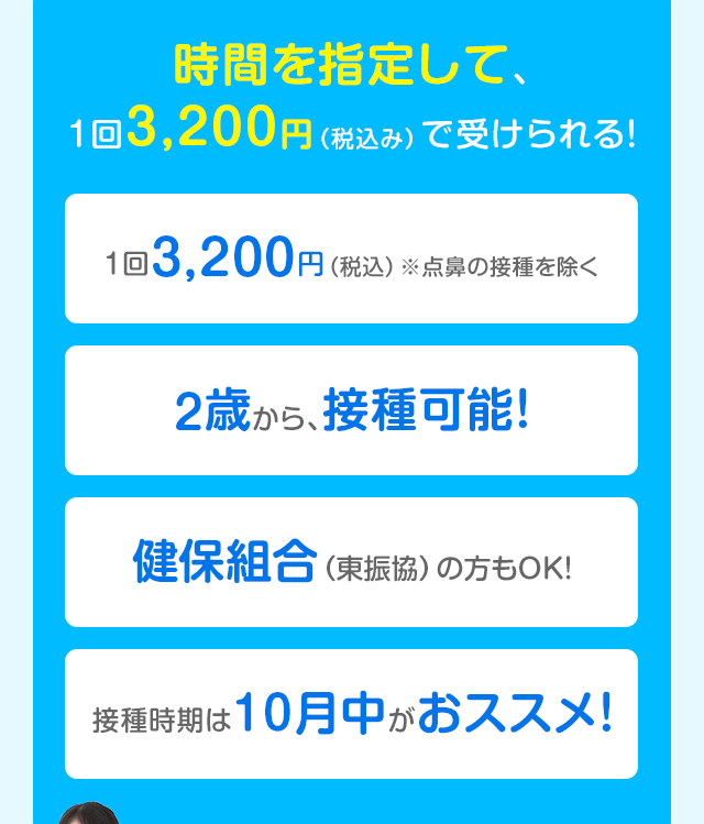 予約不要で、1回3,200円（税込み）で受けられる！ 予約なしで一律1回3,200円（税込） 3歳から、接種可能！ 健保組合（東振協）の方もOK！ 接種時期は10月中がおススメ！